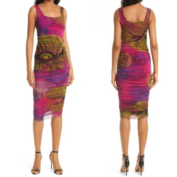 Fuzzi Begonia Ruched Mesh Midi Dress - Picture 1 of 9